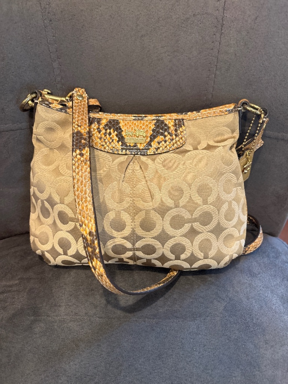 Coach Madison Op Art Swing pack Khaki Snake Embossed Crossbody Bag